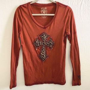 Velvet Stone Long Sleeve Buckle Store Top Shirt Med M Burnt Orange Cross Bling